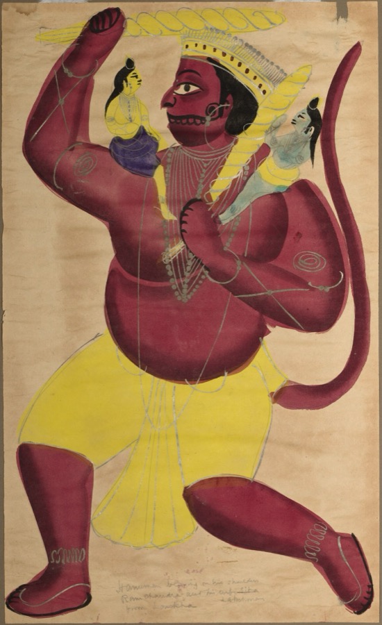 A Kalighat painting of Hanumān striding forward, carrying Rama and Lakshmana on his shoulders
