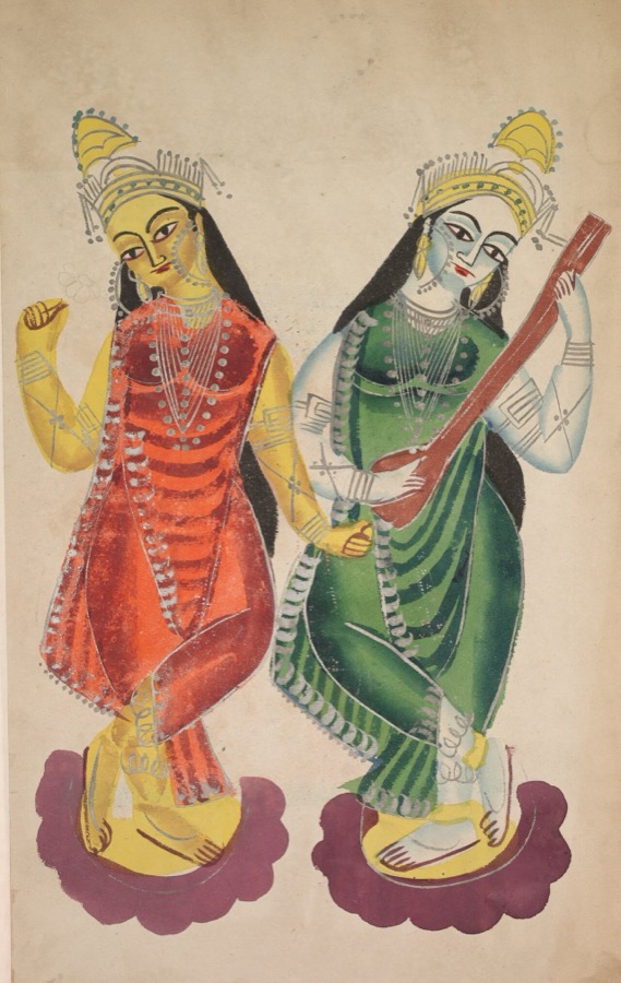 A Kalighat painting of the goddesses Lakshmi and Sarasvati standing together, Sarasvati holding her veena