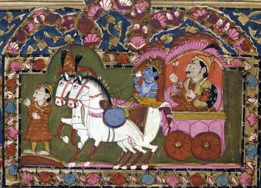 An Indian miniature painting of Krishna driving Arjuna’s chariot, from a Mahabharata manuscript