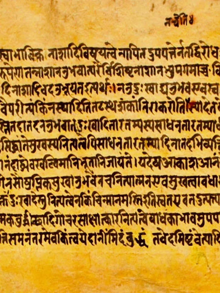 Closely written lines of a Sanskrit manuscript in Devanagari script