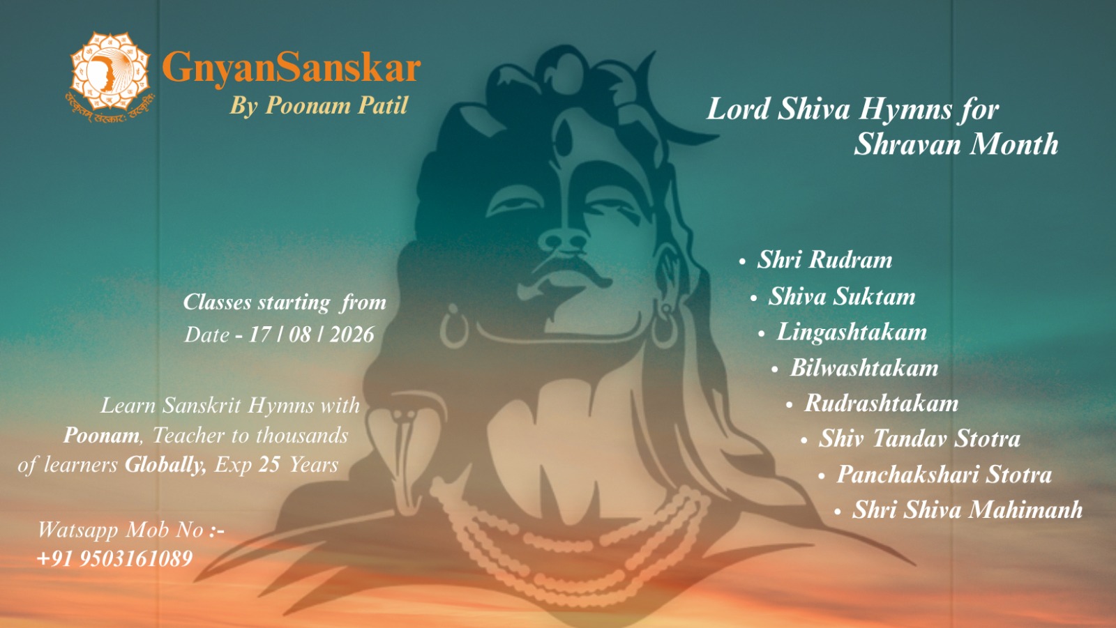Poster: Lord Shiva Hymns for Shravan Month, taught by Poonam Patil — an illustration of Shiva above a list of the hymns covered