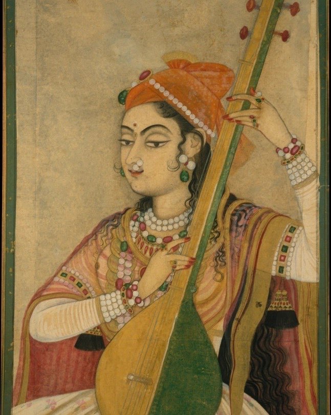 An Indian miniature painting of a lady playing the tanpura