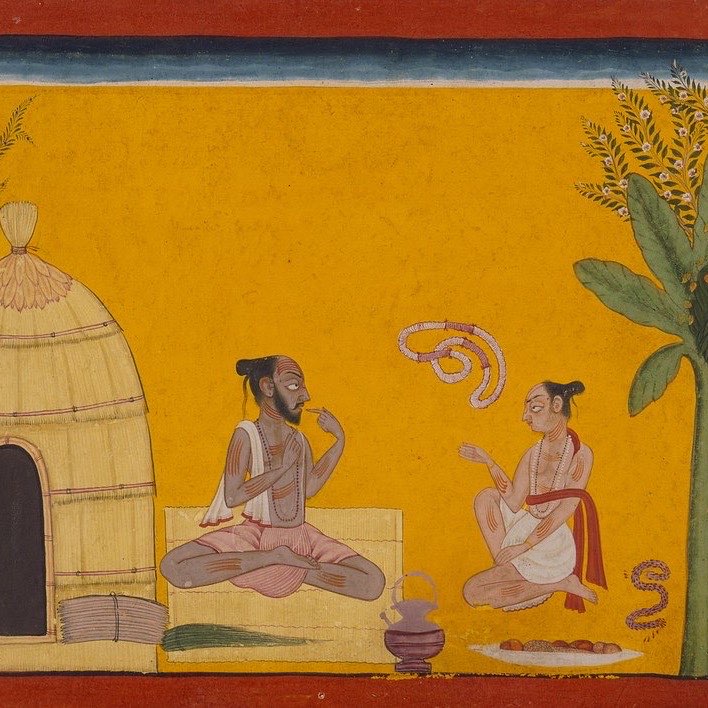 A miniature painting of the sage Valmiki reciting the Ramayana to his pupil
